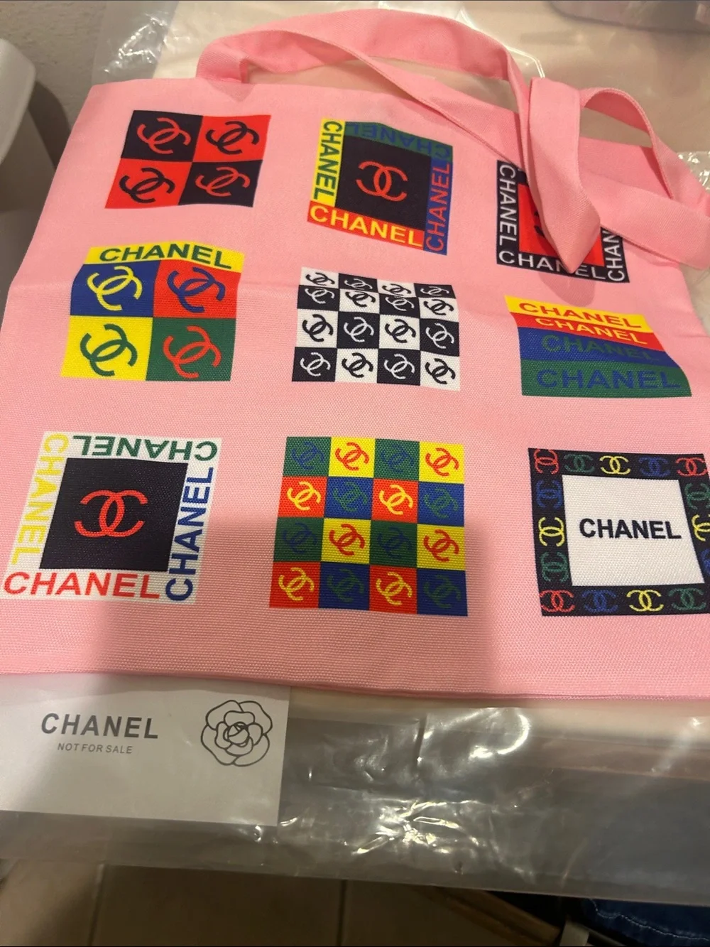 CHANEL Pink Logo Pattern Scarf with Multicolor Block Prints